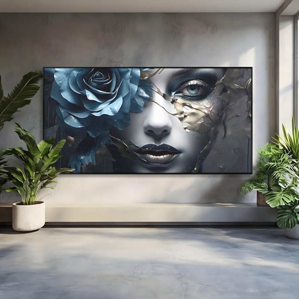 Tablou canvas cu tablou canvas cu chip de femeie si trandafir albastru, in rama de aluminiu negru
